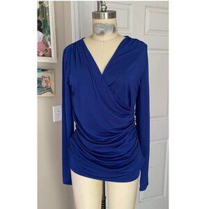 CARMEN Marc Valvo INDIGO Slinky Ruched Zip Side Mock Wrap Blouse Shirt *SMALL*